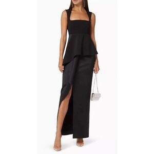 Solace London Ally Maxi Dress Black Peplum Square Neck Satin Skirt Gown US 0